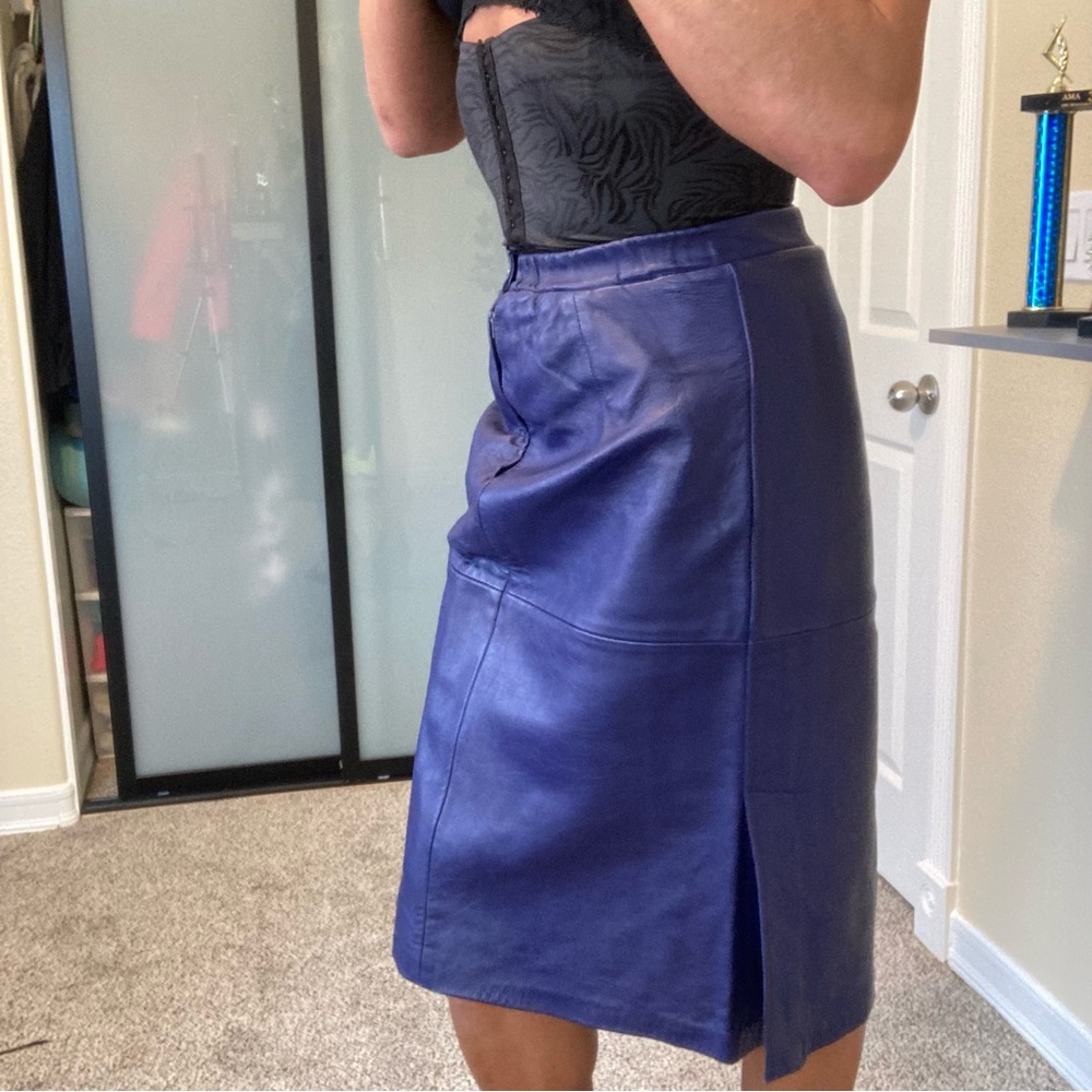 Vintage, genuine, leather 80s mid length skirt, purple